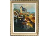 une peinture à l'huile représentant un village avec une église à l'arrière-plan