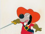 une image représentant un chien de dessin animé coiffé d'un chapeau rouge et tenant une épée