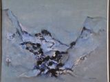 an image of a painting of a snow covered mountain with trees