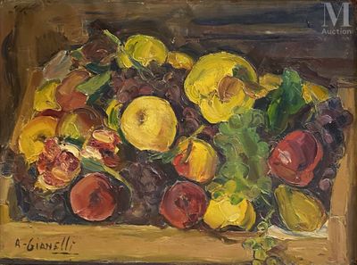 une peinture représentant une corbeille de fruits posée sur une table