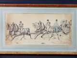 dessin encadré représentant une calèche tirée par des chevaux, avec quatre hommes à bord