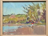 un tableau représentant une personne marchant sur la plage