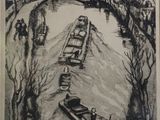 drawing of a boat on a river with a village in the background