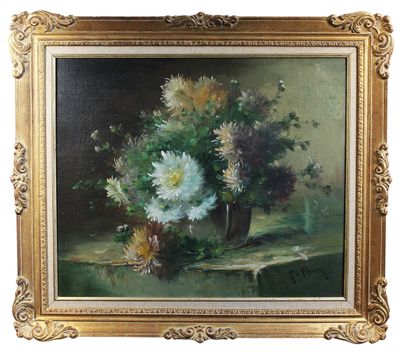 une peinture à l'huile représentant des fleurs dans un vase sur une table