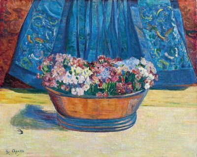 un tableau représentant une femme en robe bleue tenant un panier de fleurs