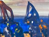 an oil painting of a group of people on a beach with sailboats