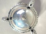 a silver plate with a turtle on it on a table