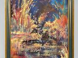 une peinture à l'huile représentant un paysage avec des arbres et de l'eau