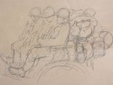 drawing of two men sitting on a motorcycle with a backpack on the back