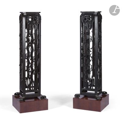 pair of chinese carved wood and iron candlesticks, 20th century