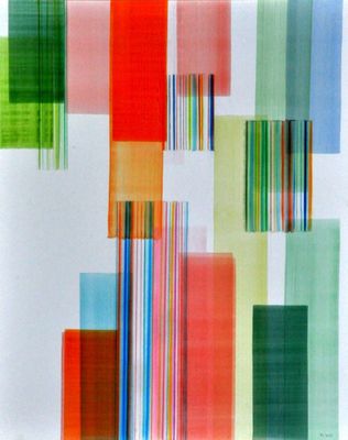 abstract painting of multicolored squares and rectangles on a white background