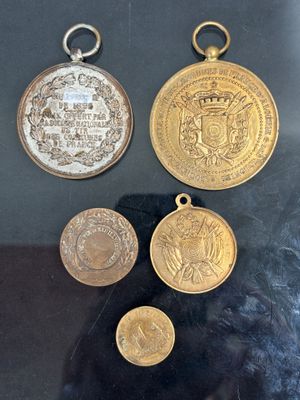 trois médailles d'or et d'argent exposées dans une vitrine