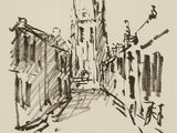 une image représentant un dessin du clocher d'une église dans une ville