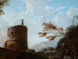 a painting of a castle in the middle of a wooded area
