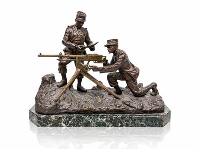 statue of two soldiers with a machine gun on a marble base