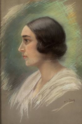 un vieux tableau représentant une femme en robe blanche sur fond vert