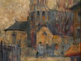 an oil painting of a church with a steeple on the top of it