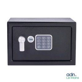 a close up of a small safe box with a key lock