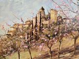 painting of a painting of a castle in the distance with trees in the foreground