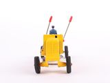 a small yellow toy tractor with a man in the back
