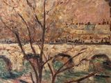 une image d'une peinture représentant un pont sur une rivière