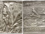 two images of a silver medal depicting a man and a boat