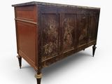 an old wooden chest sitting on top of a white floor
