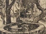 un dessin représentant une fontaine au milieu d'un parc
