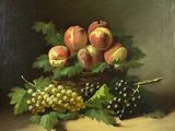 tableau représentant des pêches et des raisins dans un panier posé sur une table