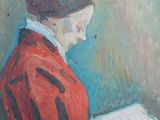 an oil painting of a woman reading a book in a chair