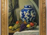 painting of a blue vase with white flowers and fruit on a table