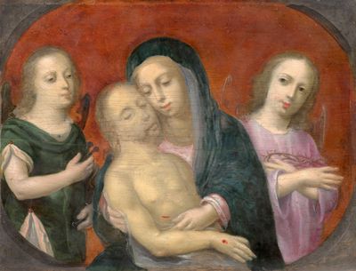 une image représentant un tableau où l'on voit un groupe de personnes tenant un bébé dans leurs bras