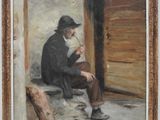 an oil painting of a man sitting on a ledge smoking a cigarette