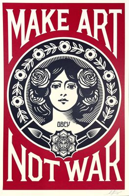 a red and white poster with a woman ' s face on it