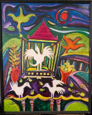 peinture représentant une peinture d'un oiseau en cage posé sur une table