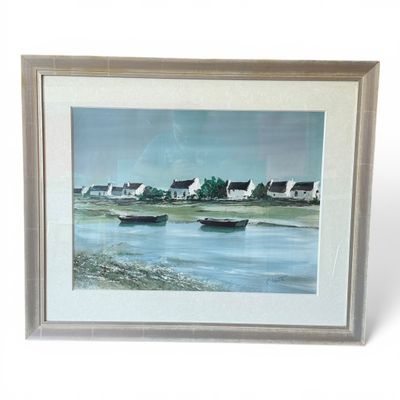 painting of boats on the water in front of a row of houses
