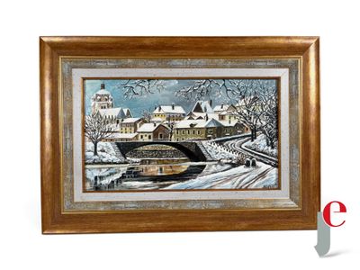tableau encadré représentant un bateau sur une rivière enneigée