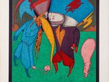 une image représentant un tableau où figurent un homme et une femme avec des parapluies