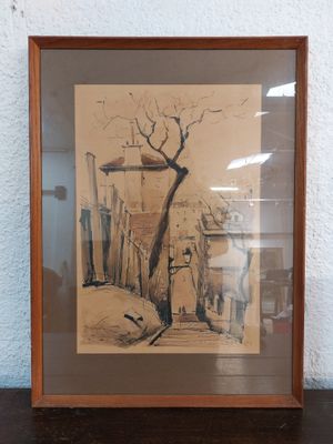 framed drawing of a tree in front of a building with a bird perched on it