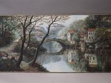 l'image d'une peinture représentant un pont au-dessus d'une étendue d'eau