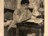 painting of a man sitting at a desk with a cat on his lap