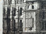 an old drawing of a building with a clock tower in the middle of it
