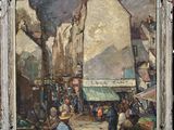 une peinture à l'huile représentant une scène de rue avec un marché au premier plan