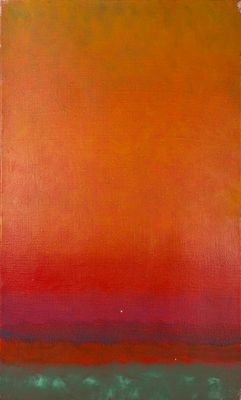 a painting of an orange, green and red painting on a white background