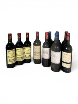 plusieurs bouteilles de vin sont alignées sur une surface blanche
