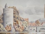 a watercolor painting of a castle on a hill