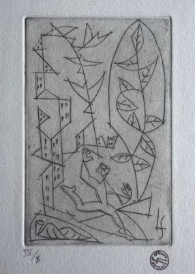 dessin au crayon représentant un homme assis sur un banc devant un immeuble