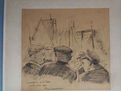 a drawing of a man and a woman sitting on a bench