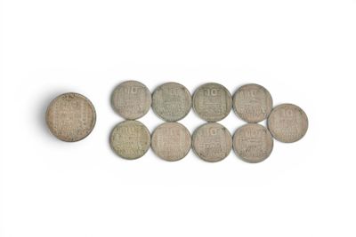 six different types of coins on a white surface