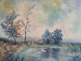 an oil painting of a river with trees in the foreground